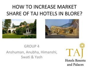 HOW TO INCREASE MARKET
SHARE OF TAJ HOTELS IN BLORE?




        GROUP 4
Anshuman, Anubha, Himanshi,
       Swati & Yash
 