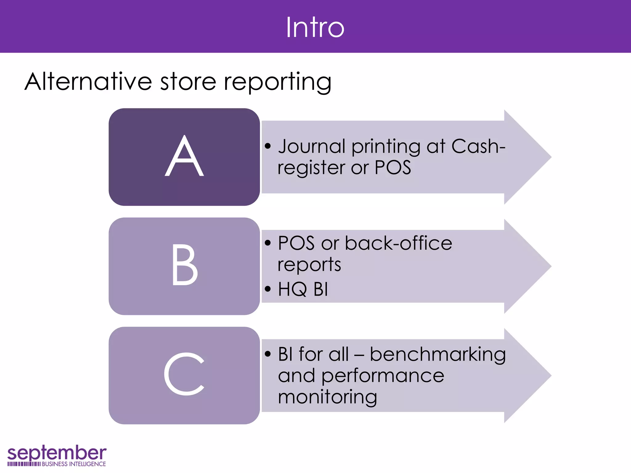 Intro 
Alternative store reporting 
•Journal printing at Cash- register or POS 
A 
•POS or back-office reports 
•HQ BI 
B 
•BI for all – benchmarking and performance monitoring 
C  