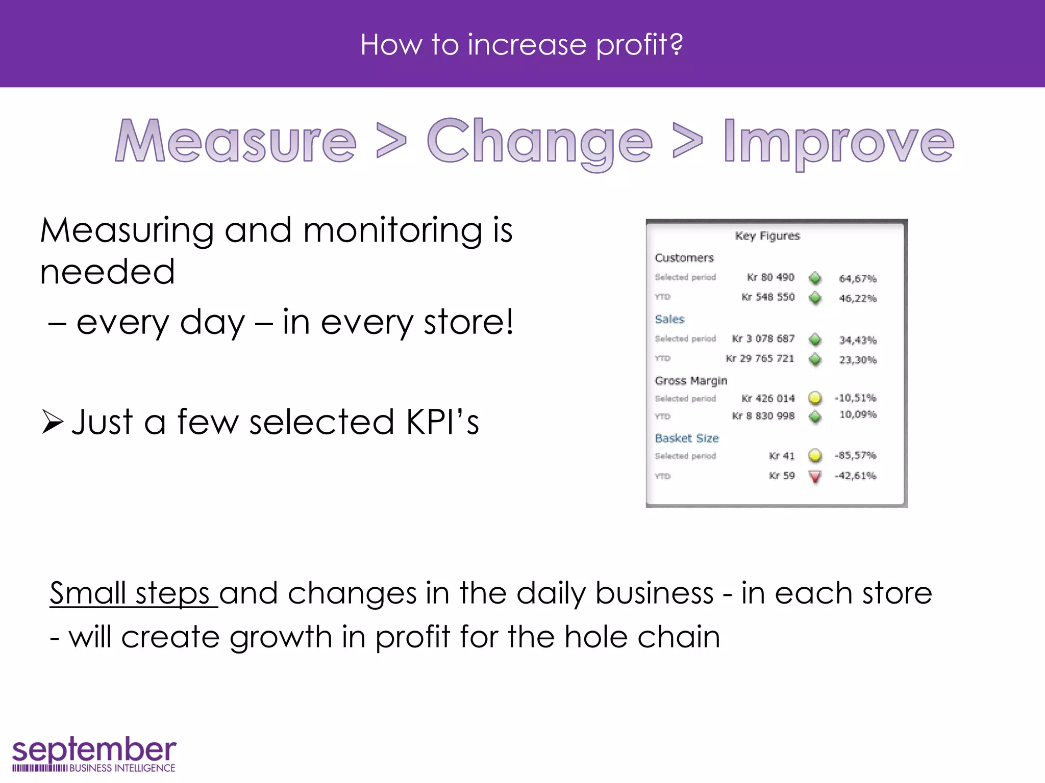How to increase profit? 
Measuring and monitoring is needed 
– every day – in every store! 
Just a few selected KPI’s 
Small steps and changes in the daily business - in each store 
- will create growth in profit for the hole chain 
 