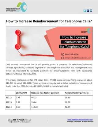 Call now 888-357-3226 (Toll Free)
info@medicalbillersandcoders.com
www.medicalbillersandcoders.com
Copyright ©-2020 MBC. All Rights Reserved
1
How to Increase Reimbursement for Telephone Calls?
CMS recently announced that it will provide parity in payment for telephone/audio-only
services. Specifically, Medicare payment for the telephone evaluation and management visits
would be equivalent to Medicare payment for office/outpatient visits with established
patients’ effective March 1, 2020.
This means that payment for CPT codes 99441-99443 would increase from a range of about
$14-$41 to about $46-$110. These services previously had a status indicator of non-covered.
Kindly note that CMS did not add 98966–98968 to the telehealth list.
2020 wRVU National non-facility payment National facility payment
99212 0.48 46.13 26.31
99213 0.97 76.04 52.26
99214 1.50 110.28 80.37
 