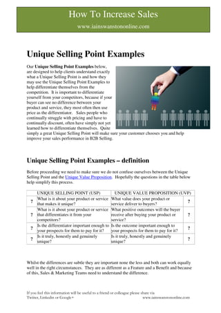 How To Increase Sales
www.iainswanstononline.com

Unique Selling Point Examples
Our Unique Selling Point Examples below,
are designed to help clients understand exactly
what a Unique Selling Point is and how they
may use the Unique Selling Point Examples to
help differentiate themselves from the
competition. It is important to differentiate
yourself from your competitors, because if your
buyer can see no difference between your
product and service, they most often then use
price as the differentiator. Sales people who
continually struggle with pricing and have to
continually discount, often have simply not yet
learned how to differentiate themselves. Quite
simply a great Unique Selling Point will make sure your customer chooses you and help
improve your sales performance in B2B Selling.

Unique Selling Point Examples – definition
Before proceeding we need to make sure we do not confuse ourselves between the Unique
Selling Point and the Unique Value Proposition. Hopefully the questions in the table below
help simplify this process.

?
?
?
?

UNIQUE SELLING POINT (USP)
What is it about your product or service
that makes it unique?
What is it about your product or service
that differentiates it from your
competitors?
Is the differentiator important enough to
your prospects for them to pay for it?
Is it truly, honestly and genuinely
unique?

UNIQUE VALUE PROPOSITION (UVP)
What value does your product or
?
service deliver to buyers?
What positive outcomes will the buyer
receive after buying your product or
?
service?
Is the outcome important enough to
?
your prospects for them to pay for it?
Is it truly, honestly and genuinely
?
unique?

Whilst the differences are subtle they are important none the less and both can work equally
well in the right circumstances. They are as different as a Feature and a Benefit and because
of this, Sales & Marketing Teams need to understand the difference.

If you feel this information will be useful to a friend or colleague please share via
Twiiter, Linkedin or Google+
www.iainswanstononline.com

 