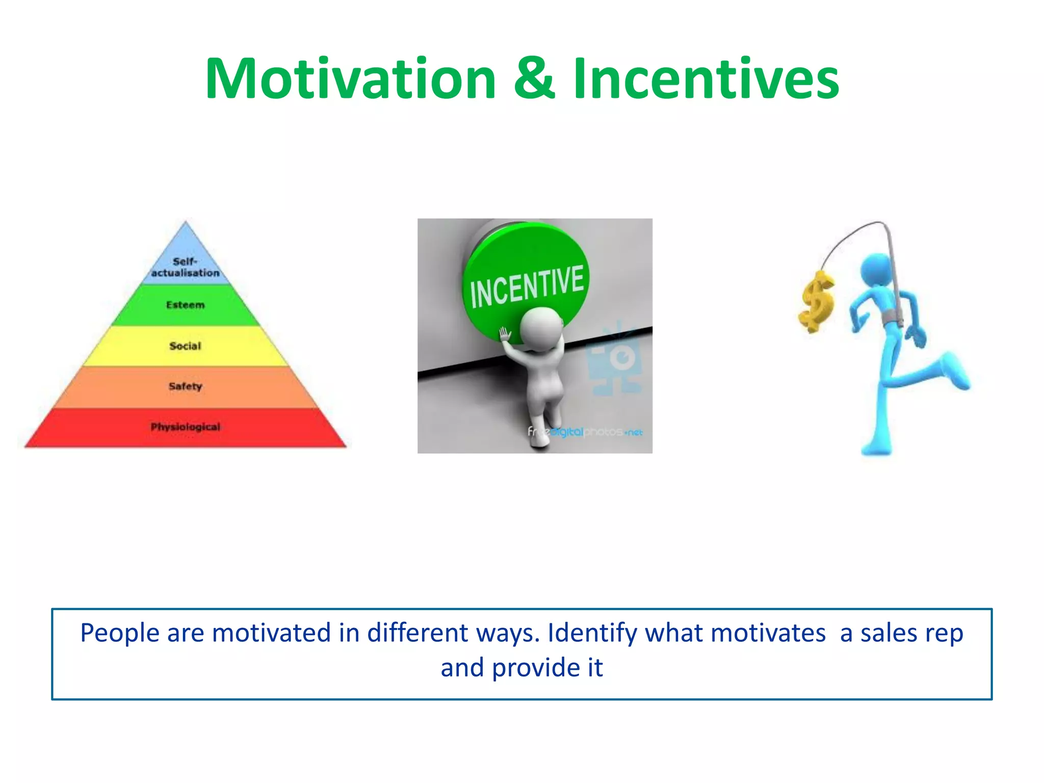 Motivation & Incentives
People are motivated in different ways. Identify what motivates a sales rep
and provide it
 