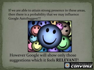 If we are able to attain strong presence in these areas,
then there is a probability that we may influence
Google AutoSugg...