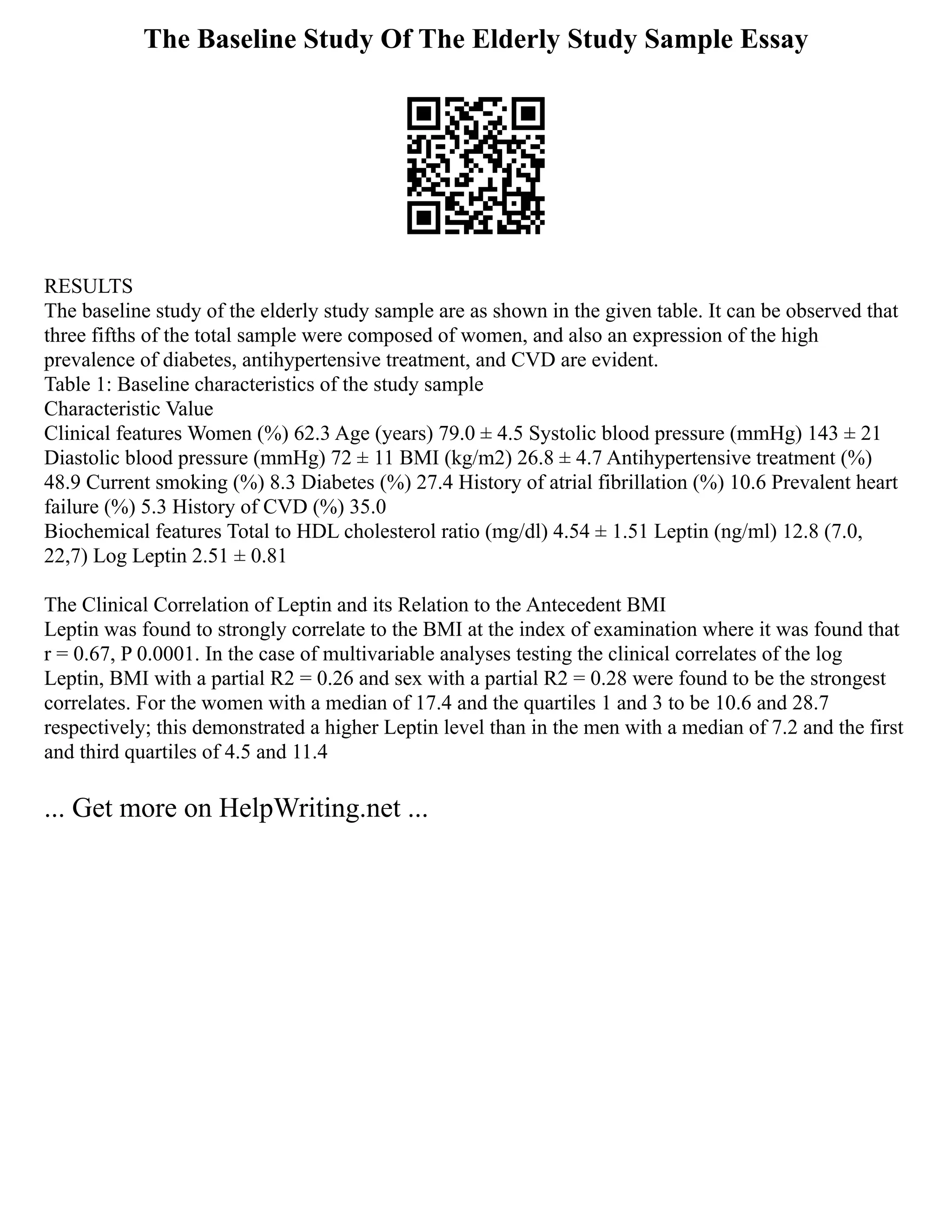 The Baseline Study Of The Elderly Study Sample Essay
RESULTS
The baseline study of the elderly study sample are as shown in the given table. It can be observed that
three fifths of the total sample were composed of women, and also an expression of the high
prevalence of diabetes, antihypertensive treatment, and CVD are evident.
Table 1: Baseline characteristics of the study sample
Characteristic Value
Clinical features Women (%) 62.3 Age (years) 79.0 ± 4.5 Systolic blood pressure (mmHg) 143 ± 21
Diastolic blood pressure (mmHg) 72 ± 11 BMI (kg/m2) 26.8 ± 4.7 Antihypertensive treatment (%)
48.9 Current smoking (%) 8.3 Diabetes (%) 27.4 History of atrial fibrillation (%) 10.6 Prevalent heart
failure (%) 5.3 History of CVD (%) 35.0
Biochemical features Total to HDL cholesterol ratio (mg/dl) 4.54 ± 1.51 Leptin (ng/ml) 12.8 (7.0,
22,7) Log Leptin 2.51 ± 0.81
The Clinical Correlation of Leptin and its Relation to the Antecedent BMI
Leptin was found to strongly correlate to the BMI at the index of examination where it was found that
r = 0.67, P 0.0001. In the case of multivariable analyses testing the clinical correlates of the log
Leptin, BMI with a partial R2 = 0.26 and sex with a partial R2 = 0.28 were found to be the strongest
correlates. For the women with a median of 17.4 and the quartiles 1 and 3 to be 10.6 and 28.7
respectively; this demonstrated a higher Leptin level than in the men with a median of 7.2 and the first
and third quartiles of 4.5 and 11.4
... Get more on HelpWriting.net ...
 