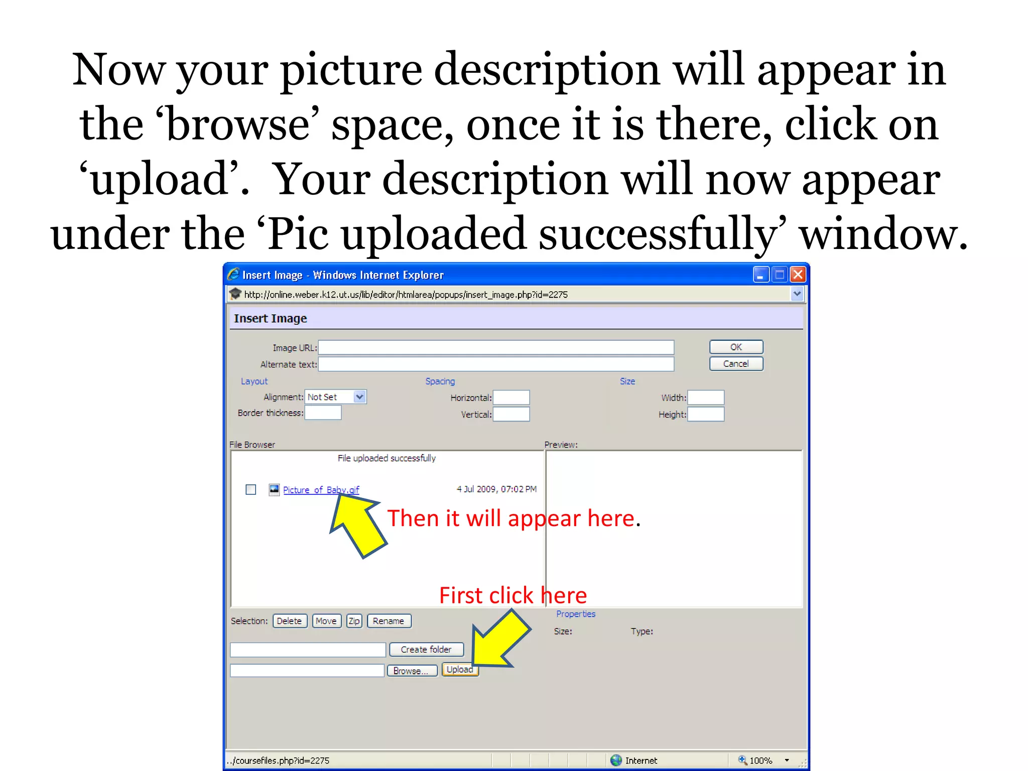 Now your picture description will appear in the ‘browse’ space, once it is there, click on ‘upload’.  Your description will now appear under the ‘Pic uploaded successfully’ window. Then it will appear here.First click here