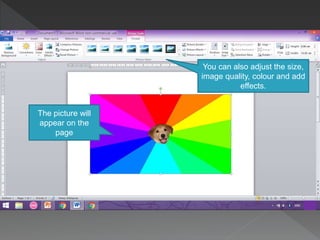 You can also adjust the size,
image quality, colour and add
effects.
The picture will
appear on the
page
 
