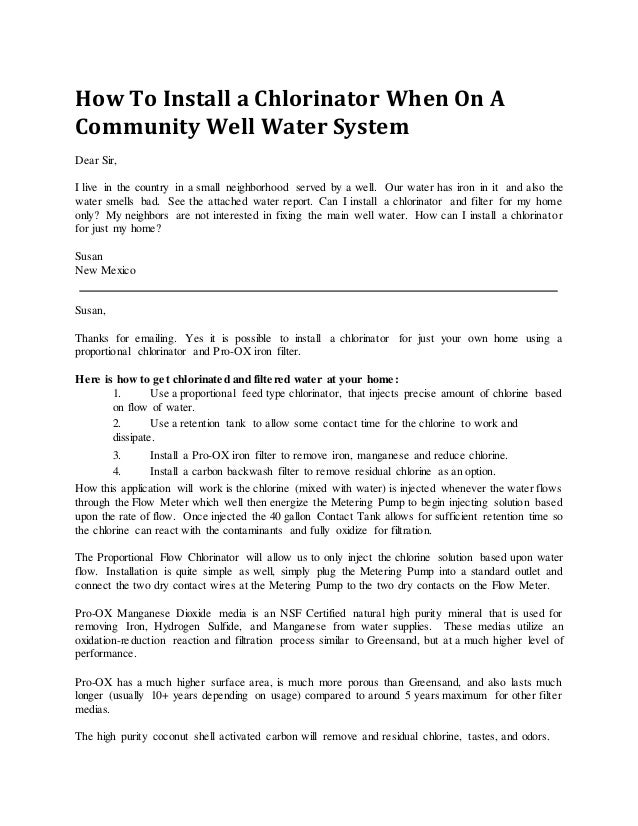 how to install a chlorinator when on a community well water system well water smells