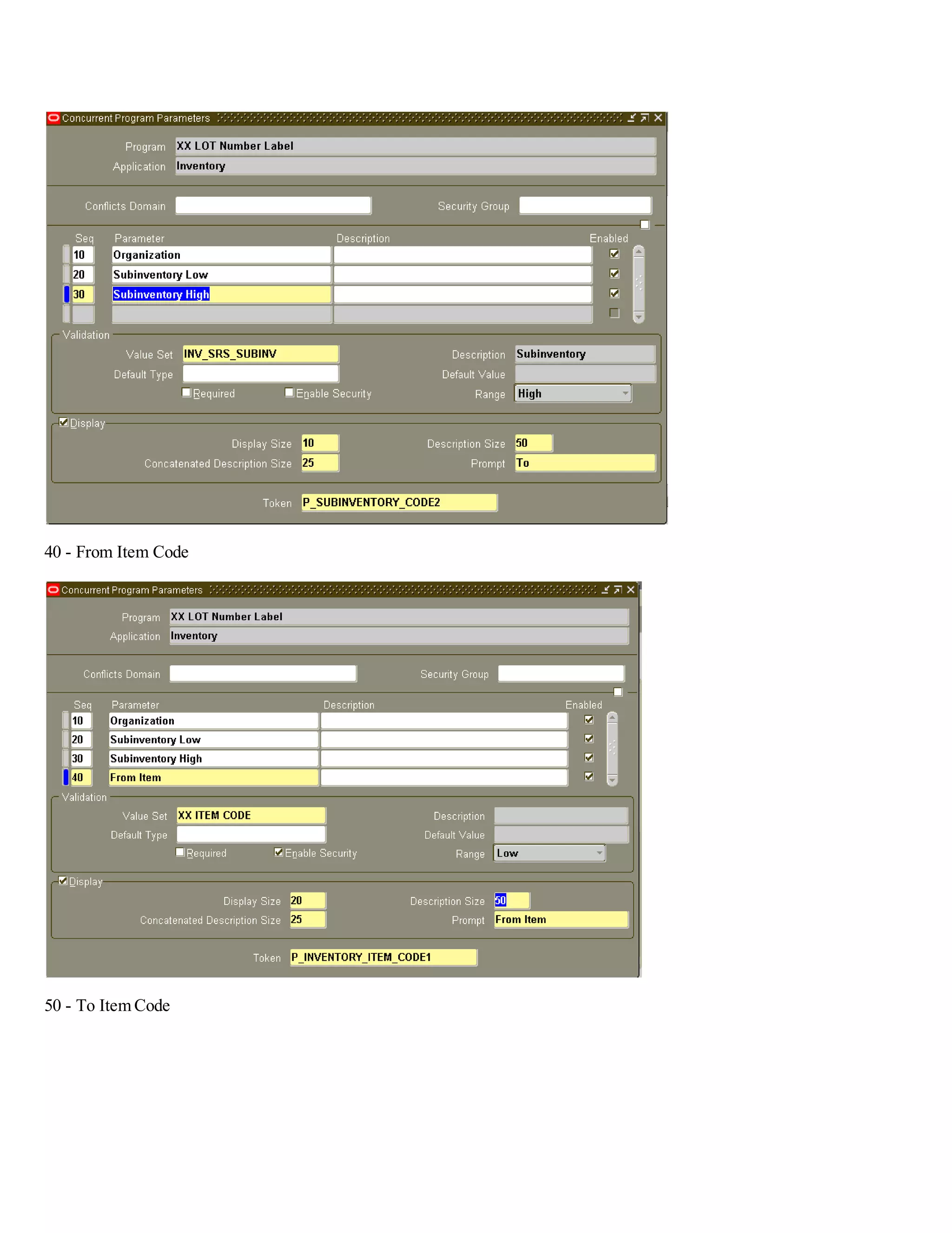 40 - From Item Code 50 - To Item Code 