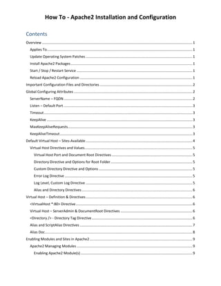 How To - Apache2 Installation and Configuration
Contents
Overview.......................................................................................................................................................1
Applies To..................................................................................................................................................1
Update Operating System Patches ...........................................................................................................1
Install Apache2 Packages..........................................................................................................................1
Start / Stop / Restart Service ....................................................................................................................1
Reload Apache2 Configuration .................................................................................................................1
Important Configuration Files and Directories .............................................................................................2
Global Configuring Attributes .......................................................................................................................2
ServerName – FQDN.................................................................................................................................2
Listen – Default Port .................................................................................................................................3
Timeout.....................................................................................................................................................3
KeepAlive ..................................................................................................................................................3
MaxKeepAliveRequests.............................................................................................................................3
KeepAliveTimeout.....................................................................................................................................3
Default Virtual Host – Sites-Available...........................................................................................................4
Virtual Host Directives and Values............................................................................................................5
Virtual Host Port and Document Root Directives .................................................................................5
Directory Directive and Options for Root Folder..................................................................................5
Custom Directory Directive and Options ..............................................................................................5
Error Log Directive ................................................................................................................................5
Log Level, Custom Log Directive ...........................................................................................................5
Alias and Directory Directives...............................................................................................................6
Virtual Host – Definition & Directives...........................................................................................................6
<VirtualHost *:80> Directive.....................................................................................................................6
Virtual Host – ServerAdmin & DocumentRoot Directives ........................................................................6
<Directory /> - Directory Tag Directive.....................................................................................................6
Alias and ScriptAlias Directives .................................................................................................................7
Alias Doc....................................................................................................................................................8
Enabling Modules and Sites in Apache2.......................................................................................................9
Apache2 Managing Modules ....................................................................................................................9
Enabling Apache2 Module(s) ................................................................................................................9
 