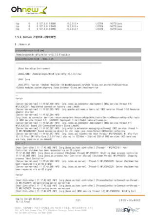 tcp 0 0 127.0.0.1:8080 0.0.0.0:* LISTEN 14273/java
tcp 0 0 127.0.0.1:8443 0.0.0.0:* LISTEN 14273/java
tcp 0 0 127.0.0.1:9990 0.0.0.0:* LISTEN 14273/java
1.5.2. domain 구성으로 시작하려면
$ ./domain.sh
procyon@proycon:bin$ pwd
/home/procyon/WildFly/wildfly-10.1.0.Final/bin
procyon@proycon:bin$ ./domain.sh
=========================================================================
JBoss Bootstrap Environment
JBOSS_HOME: /home/procyon/WildFly/wildfly-10.1.0.Final
JAVA: java
JAVA_OPTS: -server -Xms64m -Xmx512m -XX:MaxMetaspaceSize=256m -Djava.net.preferIPv4Stack=true
-Djboss.modules.system.pkgs=org.jboss.byteman -Djava.awt.headless=true
=========================================================================
…
<snip>
…
[Server:server-two] 11:11:02,199 INFO [org.jboss.as.connector.deployment] (MSC service thread 1-5)
WFLYJCA0007: Registered connection factory java:/JmsXA
[Server:server-two] 11:11:02,283 INFO [org.apache.activemq.artemis.ra] (MSC service thread 1-5) Resource
adaptor started
[Server:server-two] 11:11:02,284 INFO
[org.jboss.as.connector.services.resourceadapters.ResourceAdapterActivatorService$ResourceAdapterActivato
r] (MSC service thread 1-5) IJ020002: Deployed: file://RaActivatoractivemq-ra
[Server:server-two] 11:11:02,287 INFO [org.jboss.as.connector.deployment] (MSC service thread 1-1)
WFLYJCA0002: Bound JCA ConnectionFactory [java:/JmsXA]
[Server:server-two] 11:11:02,287 INFO [org.wildfly.extension.messaging-activemq] (MSC service thread 1-
1) WFLYMSGAMQ0002: Bound messaging object to jndi name java:jboss/DefaultJMSConnectionFactory
[Server:server-two] 11:11:02,547 INFO [org.jboss.as] (Controller Boot Thread) WFLYSRV0025: WildFly Full
10.1.0.Final (WildFly Core 2.2.0.Final) started in 12316ms - Started 359 of 606 services (405 services
are lazy, passive or on-demand)
Ctrl + C
[Host Controller] 11:17:45,986 INFO [org.jboss.as.host.controller] (Thread-1) WFLYHC0181: Host
Controller shutdown has been requested via an OS signal
11:17:45,984 INFO [org.jboss.as.process] (Shutdown thread) WFLYPC0017: Shutting down process controller
11:17:45,989 INFO [org.jboss.as.process.Host Controller.status] (Shutdown thread) WFLYPC0019: Stopping
process 'Host Controller'
[Server:server-one] 11:17:45,989 INFO [org.jboss.as.server] (Thread-1) WFLYSRV0220: Server shutdown has
been requested via an OS signal
[Server:server-two] 11:17:45,986 INFO [org.jboss.as.server] (Thread-1) WFLYSRV0220: Server shutdown has
been requested via an OS signal
…
<snip>
…
[Host Controller] 11:17:47,021 INFO [org.jboss.as.host.controller] (ProcessControllerConnection-thread -
2) WFLYHC0027: Unregistering server server-two
[Host Controller] 11:17:47,025 INFO [org.jboss.as.host.controller] (ProcessControllerConnection-thread -
2) WFLYHC0027: Unregistering server server-one
[Host Controller] 11:17:47,078 INFO [org.jboss.as] (MSC service thread 1-2) WFLYSRV0050: WildFly Full
How to install Wildfly-
10.1.0.Final
7/21 (주)오뉴이노베이션
08381. 서울특별시 구로구 디지털로 273 702 호 ( 구로동 , 에이스트윈타워 2 차 )
702, ACE Twin Tower 2Cha, 273, Digital-ro Guro-gu, Seoul, Korea 08381
Tel. 02-866-2179 Fax. 02-866-2189
 