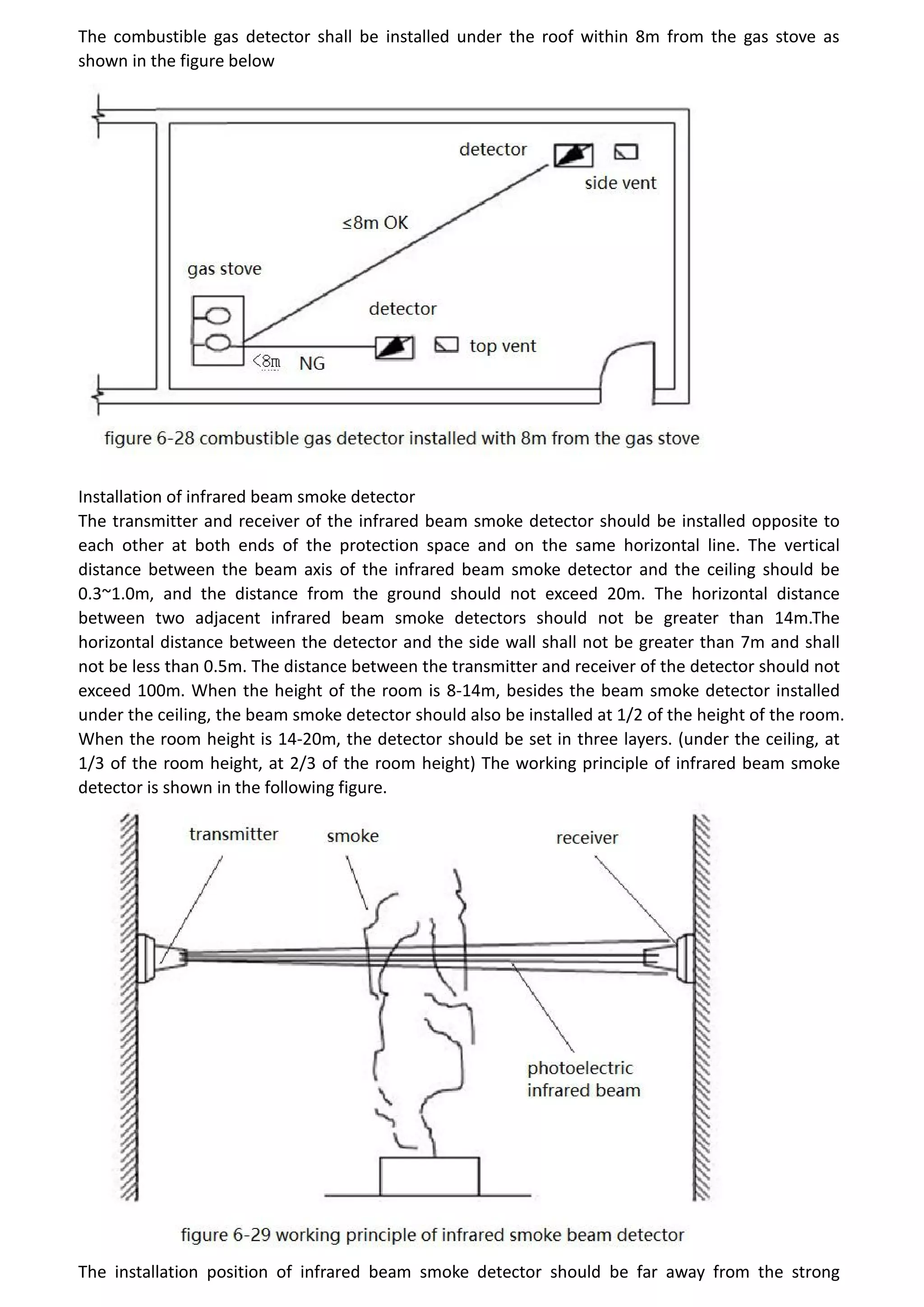 The combustible gas detector shall be installed under the roof within 8m from the gas stove as
shown in the figure below
Installation of infrared beam smoke detector
The transmitter and receiver of the infrared beam smoke detector should be installed opposite to
each other at both ends of the protection space and on the same horizontal line. The vertical
distance between the beam axis of the infrared beam smoke detector and the ceiling should be
0.3~1.0m, and the distance from the ground should not exceed 20m. The horizontal distance
between two adjacent infrared beam smoke detectors should not be greater than 14m.The
horizontal distance between the detector and the side wall shall not be greater than 7m and shall
not be less than 0.5m. The distance between the transmitter and receiver of the detector should not
exceed 100m. When the height of the room is 8-14m, besides the beam smoke detector installed
under the ceiling, the beam smoke detector should also be installed at 1/2 of the height of the room.
When the room height is 14-20m, the detector should be set in three layers. (under the ceiling, at
1/3 of the room height, at 2/3 of the room height) The working principle of infrared beam smoke
detector is shown in the following figure.
The installation position of infrared beam smoke detector should be far away from the strong
 