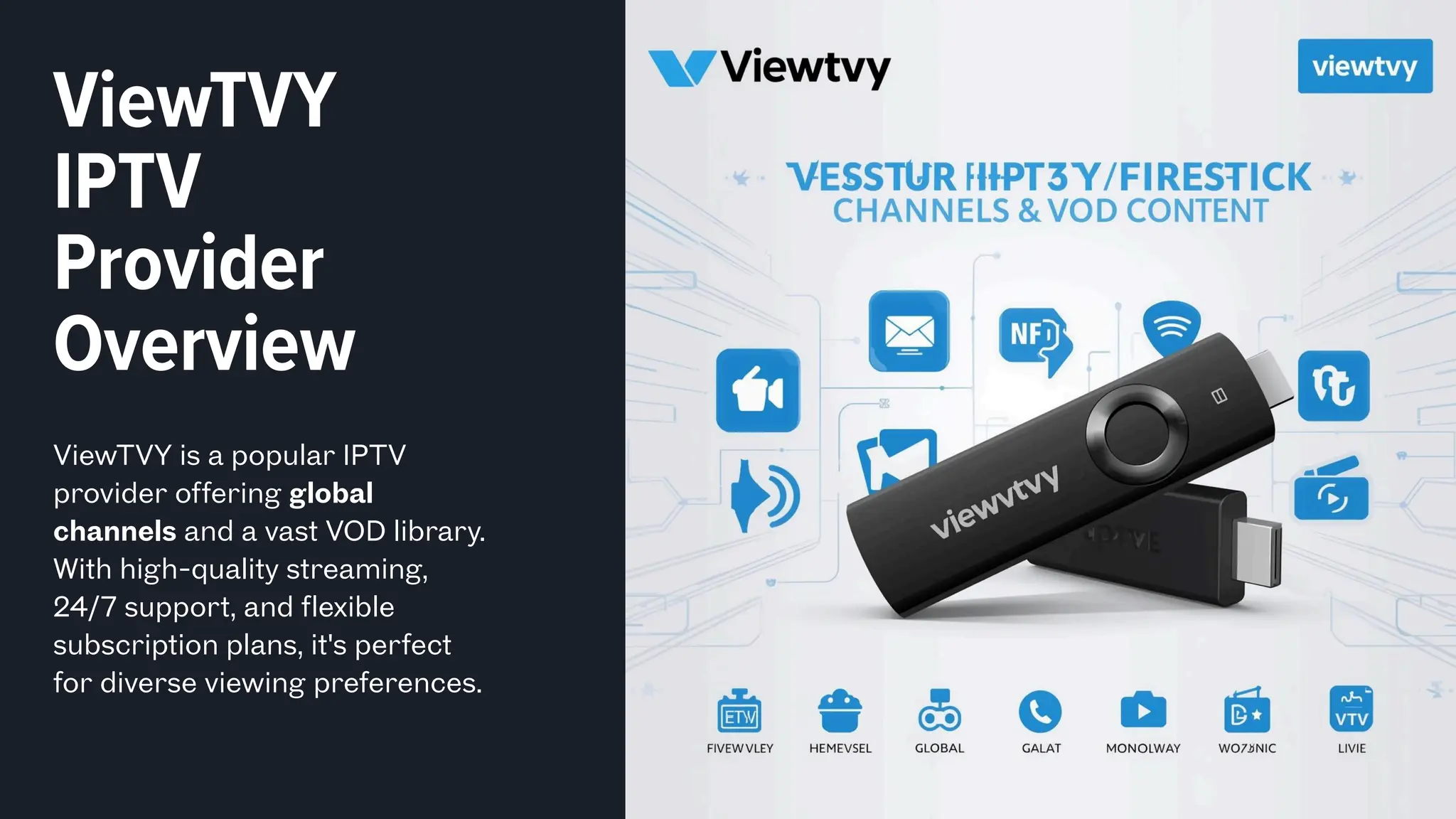 ViewTVY
IPTV
Provider
Overview
ViewTVY is a popular IPTV
provider offering global
channels and a vast VOD library.
With high-quality streaming,
24/7 support, and flexible
subscription plans, it's perfect
for diverse viewing preferences.
 
