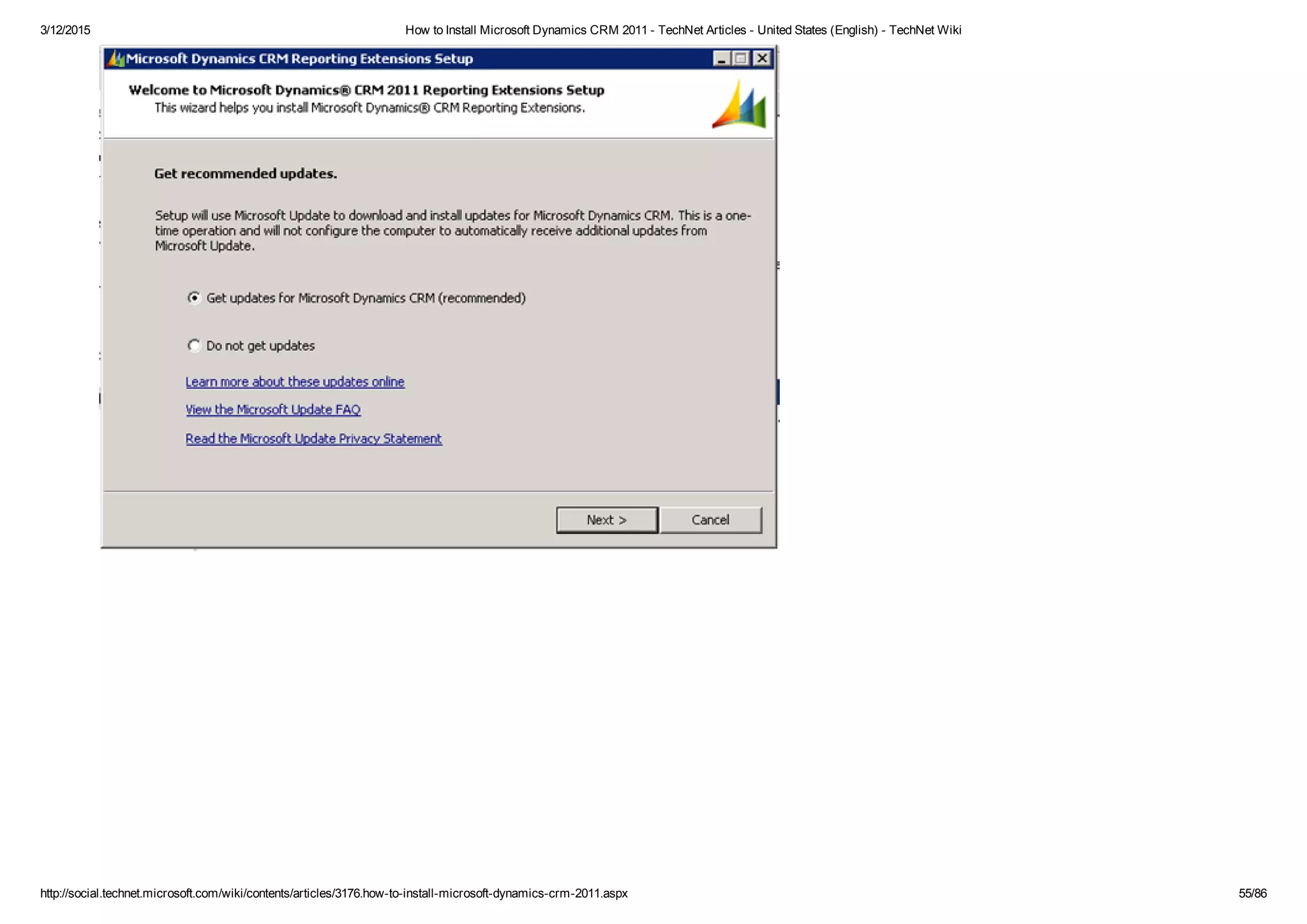 3/12/2015 How to Install Microsoft Dynamics CRM 2011 ­ TechNet Articles ­ United States (English) ­ TechNet Wiki
http://social.technet.microsoft.com/wiki/contents/articles/3176.how­to­install­microsoft­dynamics­crm­2011.aspx 55/86
 