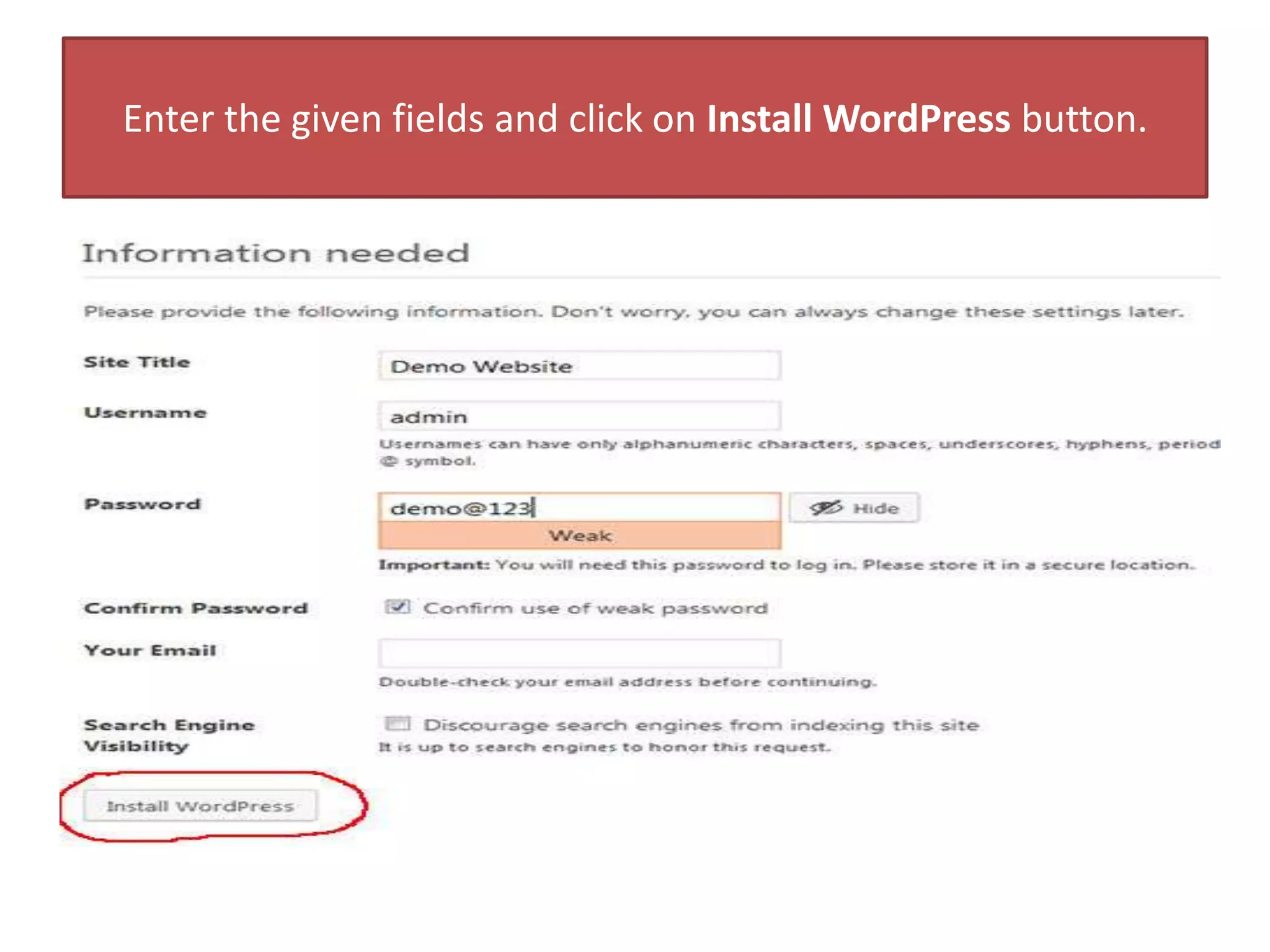 Enter the given fields and click on Install WordPress button.
 