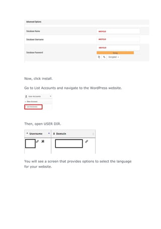 Now, click install.
Go to List Accounts and navigate to the WordPress website.
Then, open USER DIR.
You will see a screen that provides options to select the language
for your website.
 