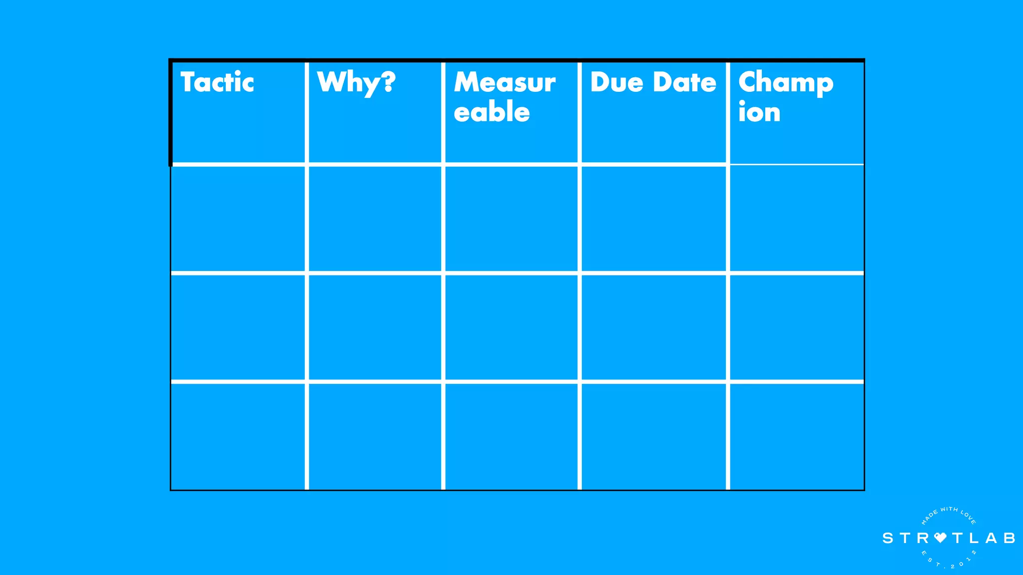 Tactic Why? Measur
eable
Due Date Champ
ion