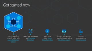 Get started now
Launch your first
network today with
Azure Blockchain
Service
Learn how businesses
are leveraging
blockchain
Join the
conversation on
Azure Advisors
Contact your account
team to connect with a
blockchain expert
Learn more
at the Azure
Blockchain Blog
 