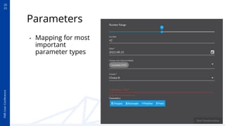 20
22
FME
User
Conference
Parameters
• Mapping for most
important
parameter types
 