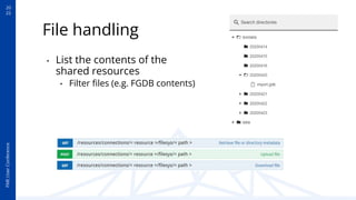 20
22
FME
User
Conference
File handling
• List the contents of the
shared resources
• Filter ﬁles (e.g. FGDB contents)
 