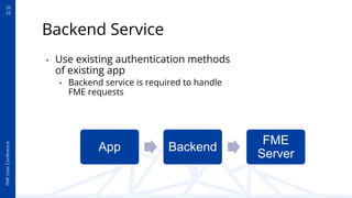 20
22
FME
User
Conference
Backend Service
• Use existing authentication methods
of existing app
• Backend service is required to handle
FME requests
App Backend
FME
Server
 