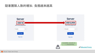 GitLab Taipei User Group
Bitbucket Pricing
隨著團隊人數的增加，負擔越來越高
尤其是開發人數如果介於
11 ~ 15 之間就會很尷尬。
 