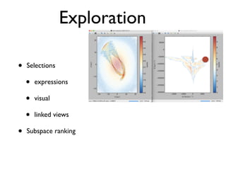 Exploration
• Selections
• expressions
• visual
• linked views
• Subspace ranking
 