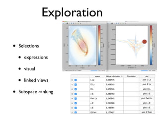 Exploration
• Selections
• expressions
• visual
• linked views
• Subspace ranking
 