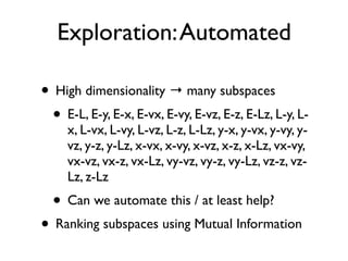 Exploration:Automated
• High dimensionality → many subspaces
• E-L, E-y, E-x, E-vx, E-vy, E-vz, E-z, E-Lz, L-y, L-
x, L-vx, L-vy, L-vz, L-z, L-Lz, y-x, y-vx, y-vy, y-
vz, y-z, y-Lz, x-vx, x-vy, x-vz, x-z, x-Lz, vx-vy,
vx-vz, vx-z, vx-Lz, vy-vz, vy-z, vy-Lz, vz-z, vz-
Lz, z-Lz
• Can we automate this / at least help?
• Ranking subspaces using Mutual Information
 