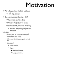 Motivation
• We will soon have the Gaia catalogue
• > 10
9
objects/stars
• Can we visualise and explore this?
• We want to ‘see’ the data
• Data checks (reduction issues)
• Science: trends, relations, clustering
• You are the (biological) neutral
network
• Problem
• Scatter plots do not work well for 10
9
rows/objects (like Gaia)
• Work with densities/averages in 1,2 and
3d
• Interactive?
• Zoom, pan etc
• Explore
• selections/queries
• Subspace ranking
 