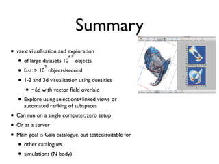 Summary
• vaex: visualisation and exploration
• of large datasets 10
6-9
objects
• fast: > 10
9
objects/second
• 1-2 and 3d visualisation using densities
• ~6d with vector ﬁeld overlaid
• Explore using selections+linked views or
automated ranking of subspaces
• Can run on a single computer, zero setup
• Or as a server
• Main goal is Gaia catalogue, but tested/suitable for
• other catalogues
• simulations (N body)
 