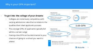 Why is your GPA important?
3
- To get into the college of your dreams
- Colleges are notoriously competitive, with
varying admissions rates that correlate to the
qualities their ideal applicants possess
- The average GPAs of applicants typically fall
within a certain range
- Having a low GPA can be detrimental to your
chances of going to a school you want to
attend
 