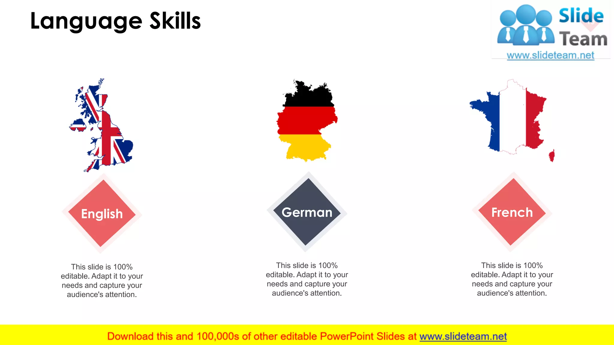 Language Skills 19
English
This slide is 100%
editable. Adapt it to your
needs and capture your
audience's attention.
German
This slide is 100%
editable. Adapt it to your
needs and capture your
audience's attention.
French
This slide is 100%
editable. Adapt it to your
needs and capture your
audience's attention.
 