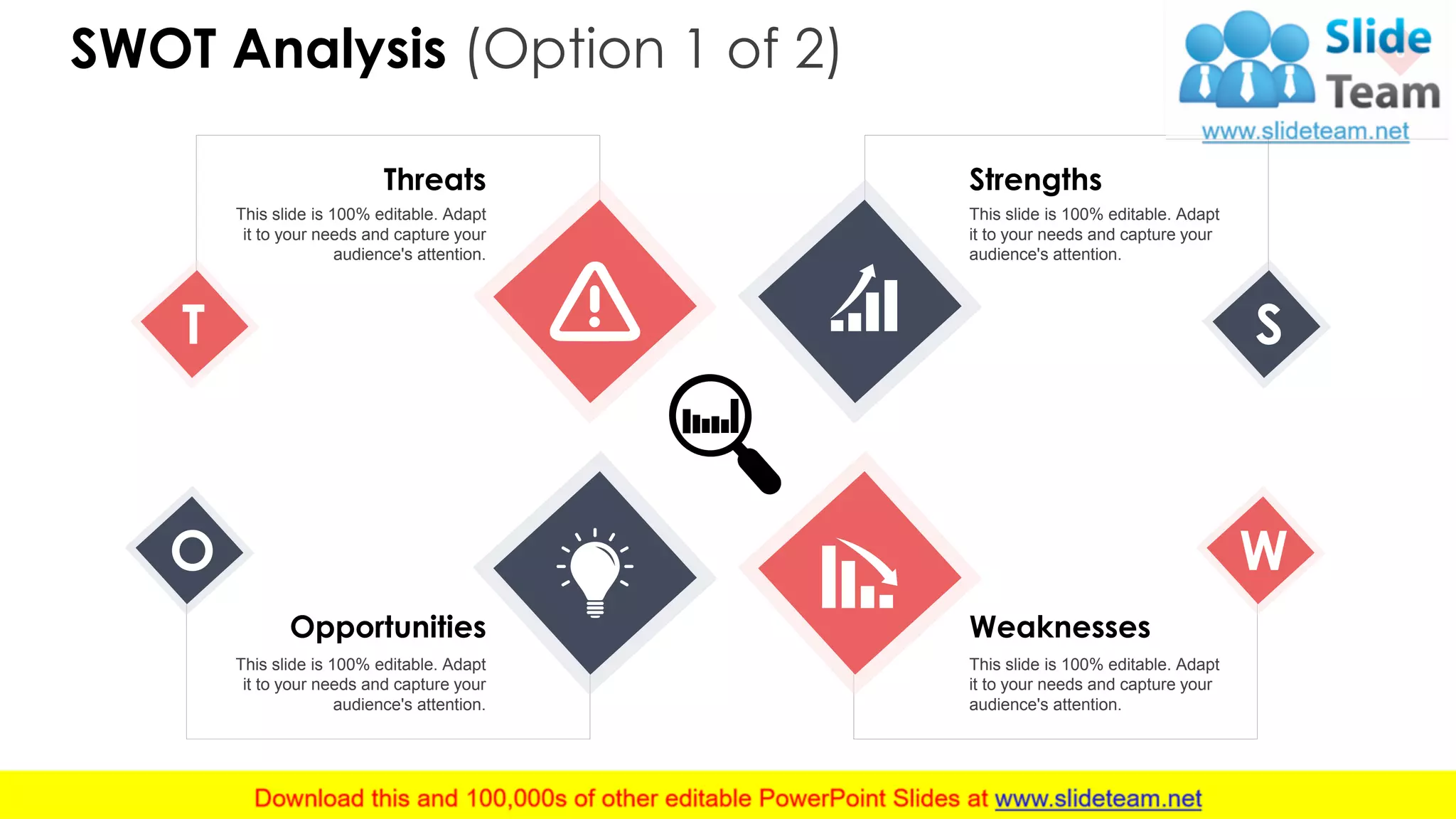 SWOT Analysis (Option 1 of 2) 8
T
O
S
W
Strengths
This slide is 100% editable. Adapt
it to your needs and capture your
audience's attention.
Weaknesses
This slide is 100% editable. Adapt
it to your needs and capture your
audience's attention.
Threats
This slide is 100% editable. Adapt
it to your needs and capture your
audience's attention.
Opportunities
This slide is 100% editable. Adapt
it to your needs and capture your
audience's attention.
 