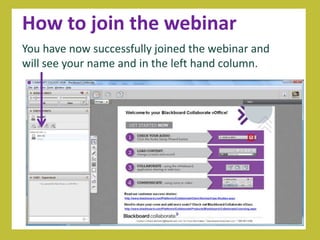 How to join the webinar
You have now successfully joined the webinar and
will see your name and in the left hand column.
 