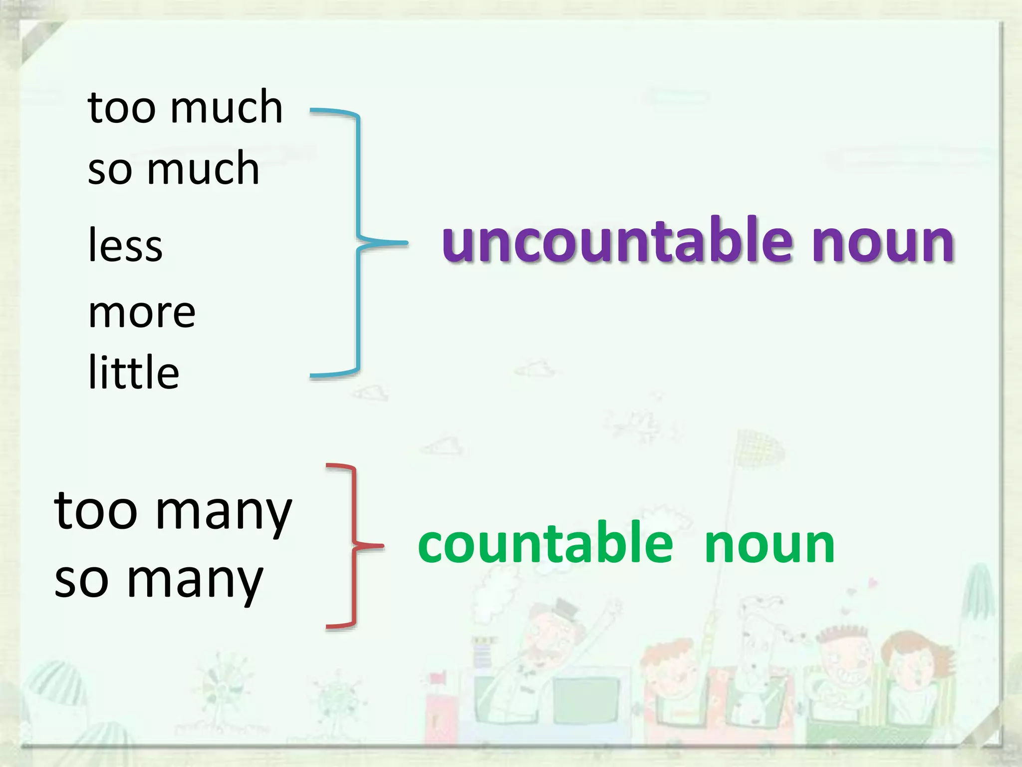 too much
so much
less uncountable noun
more
little
too many
so many
countable noun
 
