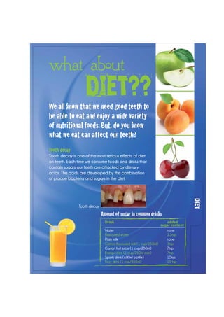 diet
what about
Diet??
We all know that we need good teeth to
be able to eat and enjoy a wide variety
of nutritional foods. But, do you know
what we eat can affect our teeth?
Tooth decay
Tooth decay is one of the most serious effects of diet
on teeth. Each time we consume foods and drinks that
contain sugars our teeth are attacked by dietary
acids. The acids are developed by the combination
of plaque bacteria and sugars in the diet.
Drink	added
sugar content
Water	none
Flavoured water	 2.5tsp
Plain milk	 none
Carton flavoured milk (1 cup/250ml)	 3tsp
Carton fruit juice (1 cup/250ml)	 7tsp
Energy drink (1 cup/250ml can)	 7tsp
Sports drink (600ml bottle)	 10tsp
Fizzy drink (1 can/355ml)	 10 tsp
Amount of sugar in common drinks
Tooth decay
 