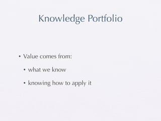 Knowledge Portfolio


•   Value comes from:

    •   what we know

    •   knowing how to apply it
 