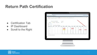 Return Path Certification
Get preferential email
delivery with Yahoo,
Microsoft, AOL,
Comcast, and more.
● Certification Tab
● IP Dashboard
● Scroll to the Right
 