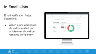 Even senders with great reputations get an inbox placement lift with Certification
In Email Lists
Email verification helps
determine:
● Which email addresses
should be mailed and
which ones should be
removed completely
 