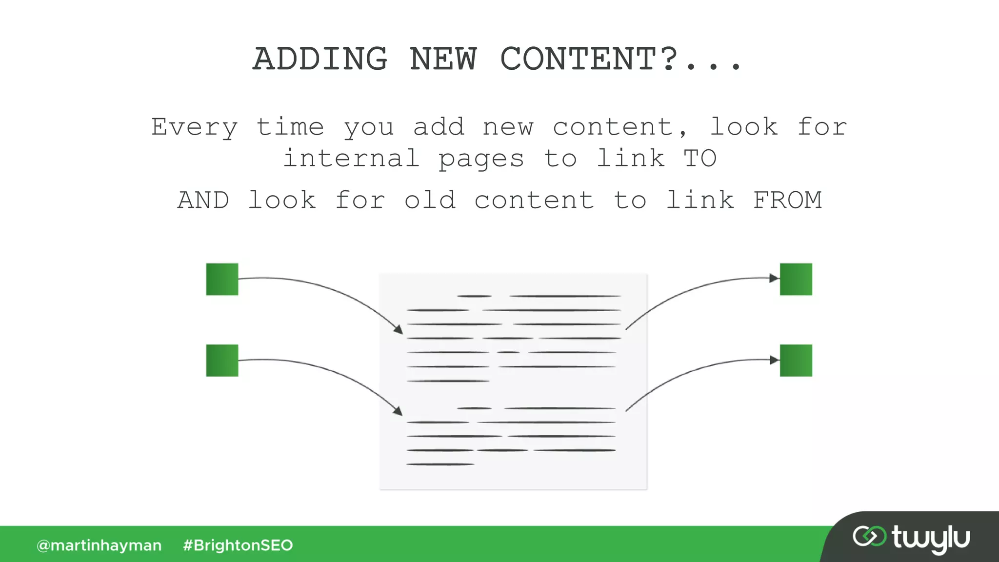 ADDING NEW CONTENT?...
Every time you add new content, look for
internal pages to link TO
AND look for old content to link FROM
 