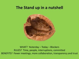 The Stand up in a nutshell
WHAT? Yesterday – Today – Blockers
RULES? Time, people, interruptions, committed
BENEFITS? Fewer meetings, more collaboration, transparency and trust
 