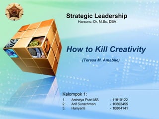 LOGO
            Strategic Leadership
                Harsono, Dr, M.Sc, DBA




            How to Kill Creativity
                   (Teresa M. Amabile)




       Kelompok 1:
       1.    Anindya Putri MS     - 11810122
       2.    Arif Surachman       - 10802455
       3.    Hariyanti            - 10804141
 