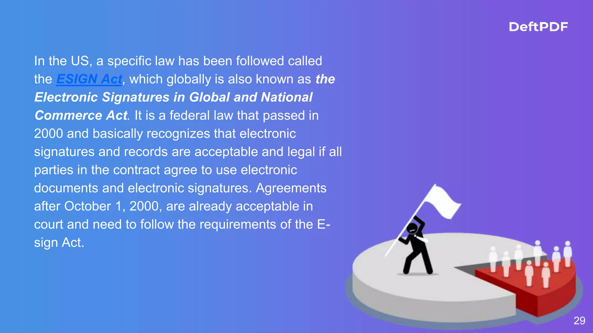 29
In the US, a specific law has been followed called
the ESIGN Act, which globally is also known as the
Electronic Signatures in Global and National
Commerce Act. It is a federal law that passed in
2000 and basically recognizes that electronic
signatures and records are acceptable and legal if all
parties in the contract agree to use electronic
documents and electronic signatures. Agreements
after October 1, 2000, are already acceptable in
court and need to follow the requirements of the E-
sign Act.
 
