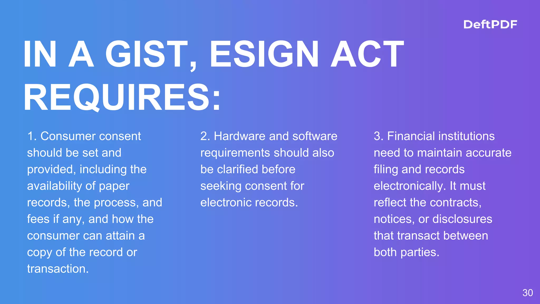 IN A GIST, ESIGN ACT
REQUIRES:
1. Consumer consent
should be set and
provided, including the
availability of paper
records, the process, and
fees if any, and how the
consumer can attain a
copy of the record or
transaction.
2. Hardware and software
requirements should also
be clarified before
seeking consent for
electronic records.
3. Financial institutions
need to maintain accurate
filing and records
electronically. It must
reflect the contracts,
notices, or disclosures
that transact between
both parties.
30
 