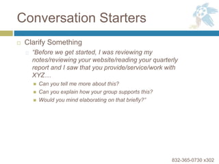 Conversation Starters
 Clarify Something
“Before we get started, I was reviewing my
notes/reviewing your website/reading ...