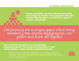 ATTENDING CONFERENCES
In many organizations, they host conferences that provide
extra training that members of the organization will be able
to attend. They may range in size from local or regional to
national or international.
Conferences are a unique space where many
members from diverse backgrounds can
gather and learn all together.
They can help build connections across the organization
and provide perspective. They can also be key touchpoints for major
strategic updates or changes regarding organizational direction.
No matter the purpose, they are great opportunities to learn and engage with people in a
different way than the normal day-to-day operations and bring us back to the bigger picture
and mission of the organization.
 