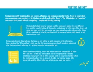 MEETING WEEKLY
Conducting weekly meetings that are concise, effective, and productive can be tricky. A way to ensure that
you are running good meetings is first to take a note from Franklin Covey's "The 4 Disciplines of Execution"
and ensure that your tracker is compelling - simple and visually pleasing.
Think about a football game for example, what the coaches are looking at is very different
from what the crowd is looking at. The coaches are looking at all of the stats of the players and
seeing how many yards they are running, how many passes they make, and many other things.
All the crowd looks at is the big scoreboard with the number of points, which down it is, and
how much time is left.
Using visual elements like graphs and charts can be very helpful for quick processing of the information.
Covey speaks of the "5 Second Rule," which says that if it takes someone more than 5 seconds to understand
what the information is telling you, it's not being presented in a compelling way.
Before each weekly meeting, ensure that you and your team have updated all of the
KPI’s and MoS’s so that your conversations can be more productive. If possible
circulate a weekly report with all of the key data points to every team member before
the meeting so they have time to review it all and in your meeting you can delve
deeper into what the data is telling you so that you can adapt your tactics.
 