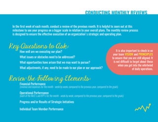 CONDUCTING MONTHLY REVIEWS
Key Questions to Ask:
Financial Performance
(revenue and expenses for the month - week by week, compared to the previous year, compared to the goals)
Operational Performance
(each of the MoS's and KPI's for the month - week by week, compared to the previous year, compared to the goals)
Progress and/or Results of Strategic Initiatives
Individual Team Member Performance
Review the Following Elements:
In the first week of each month, conduct a review of the previous month. It is helpful to zoom out at this
milestone to see your progress on a bigger scale in relation to your overall plans. The monthly review process
is designed to ensure the effective execution of an organization's strategic and operating plan.
How well are we executing our plan?
What issues or obstacles need to be addressed?
What opportunities have arisen that we may want to pursue?
What adjustments, if any, need to be made to our plan or our approach?
It is also important to check in on
your team VISION and PRINCIPLES
to ensure that you are still aligned. It
is not difficult to forget about these
when you get into the whirlwind
of daily operations.
 