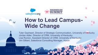 How to Lead Campus-
Wide Change
Tyler Gayheart, Director of Strategic Communication, University of Kentucky
Jordan Adler, Director of CRM, University of Kentucky
Lisa Runion, Assistant Director of CRM, University of Kentucky
Jim Gilbert, Salesforce Consulting Manager, Huron
 