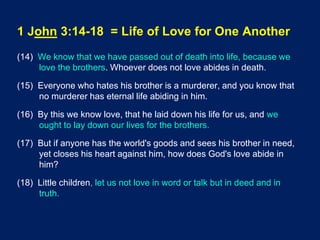1 John 3:14-18 = Life of Love for One Another
(14) We know that we have passed out of death into life, because we
love the brothers. Whoever does not love abides in death.
(15) Everyone who hates his brother is a murderer, and you know that
no murderer has eternal life abiding in him.
(16) By this we know love, that he laid down his life for us, and we
ought to lay down our lives for the brothers.
(17) But if anyone has the world's goods and sees his brother in need,
yet closes his heart against him, how does God's love abide in
him?
(18) Little children, let us not love in word or talk but in deed and in
truth.
 